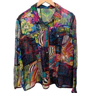 Vintage Sheer Patchwork Button-Up Shirt Women’s XL Colorful Boho Festival Top